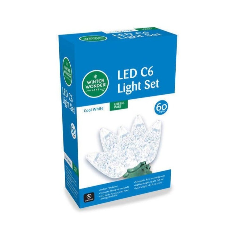 Clear Cool White LED C6 String Light Set 60 Lights 18.3ft. Total Length